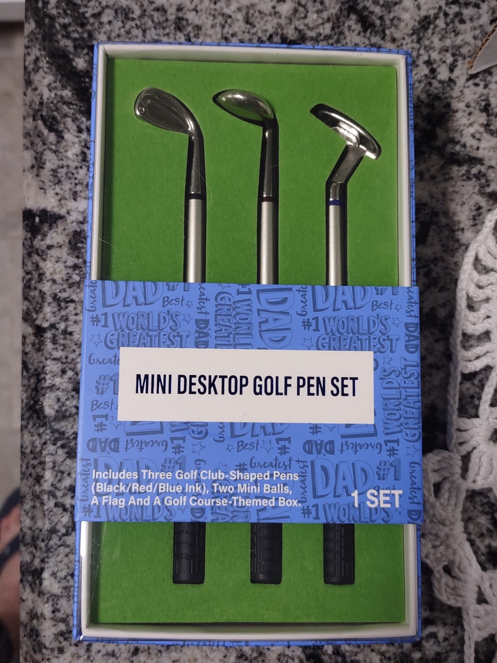 Mini Desktop Golf Pen Set - Silver Clubs, Mini Ball, Flag ,Golf Course Theme Box